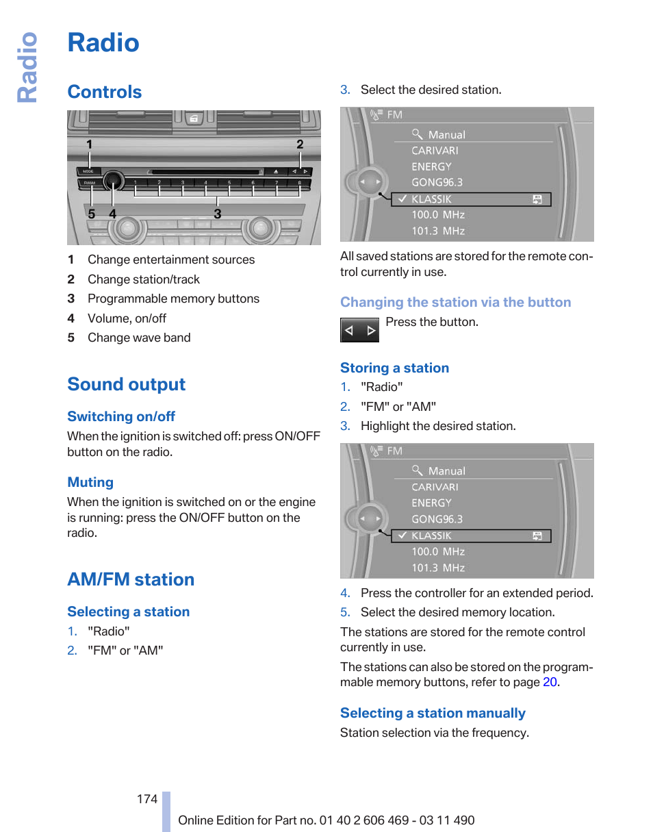 Radio, Controls, Sound output | Am/fm station | BMW 550i xDrive Sedan 2011 User Manual | Page 174 / 304