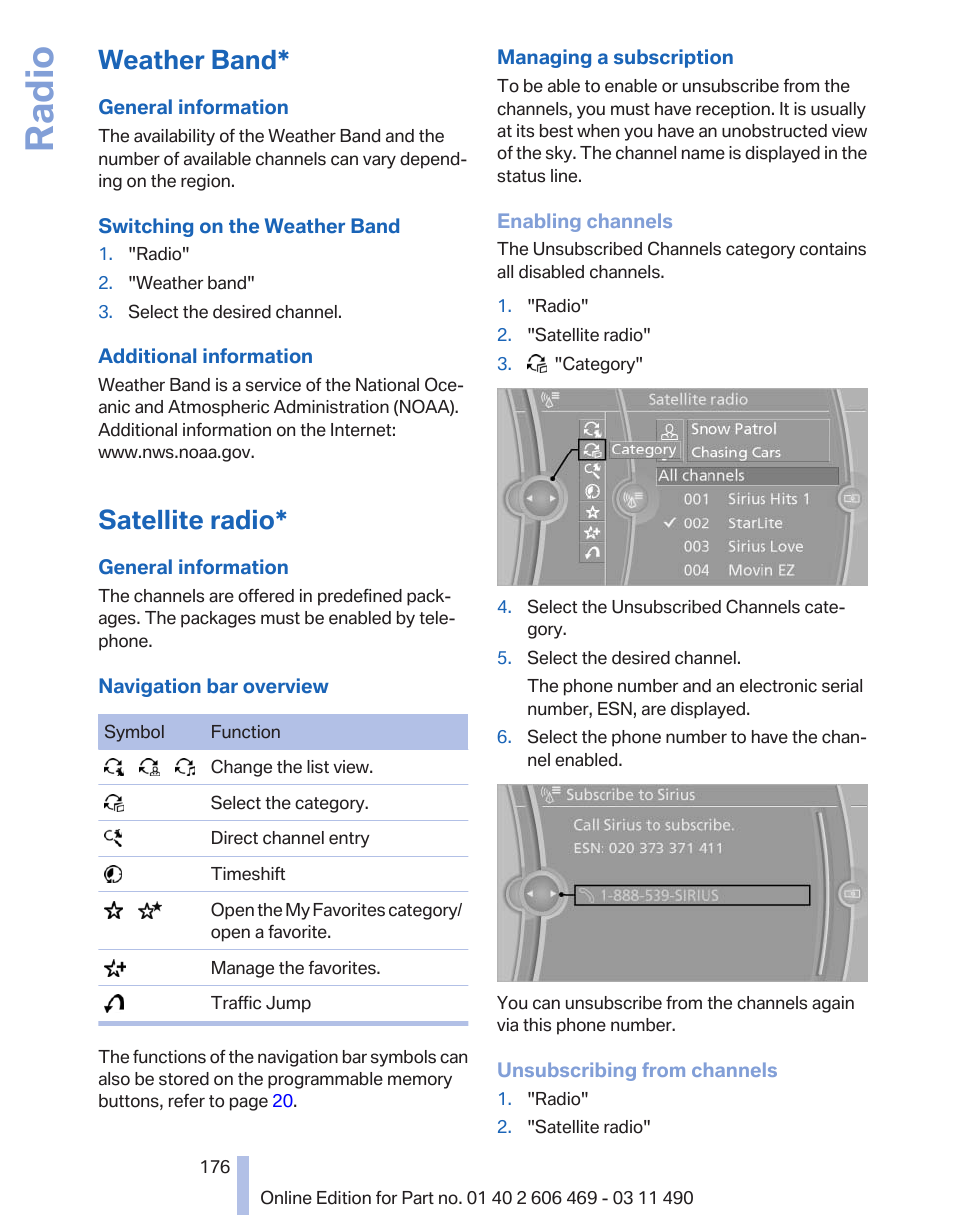 Weather band, Satellite radio, Radio | BMW 550i xDrive Sedan 2011 User Manual | Page 176 / 304