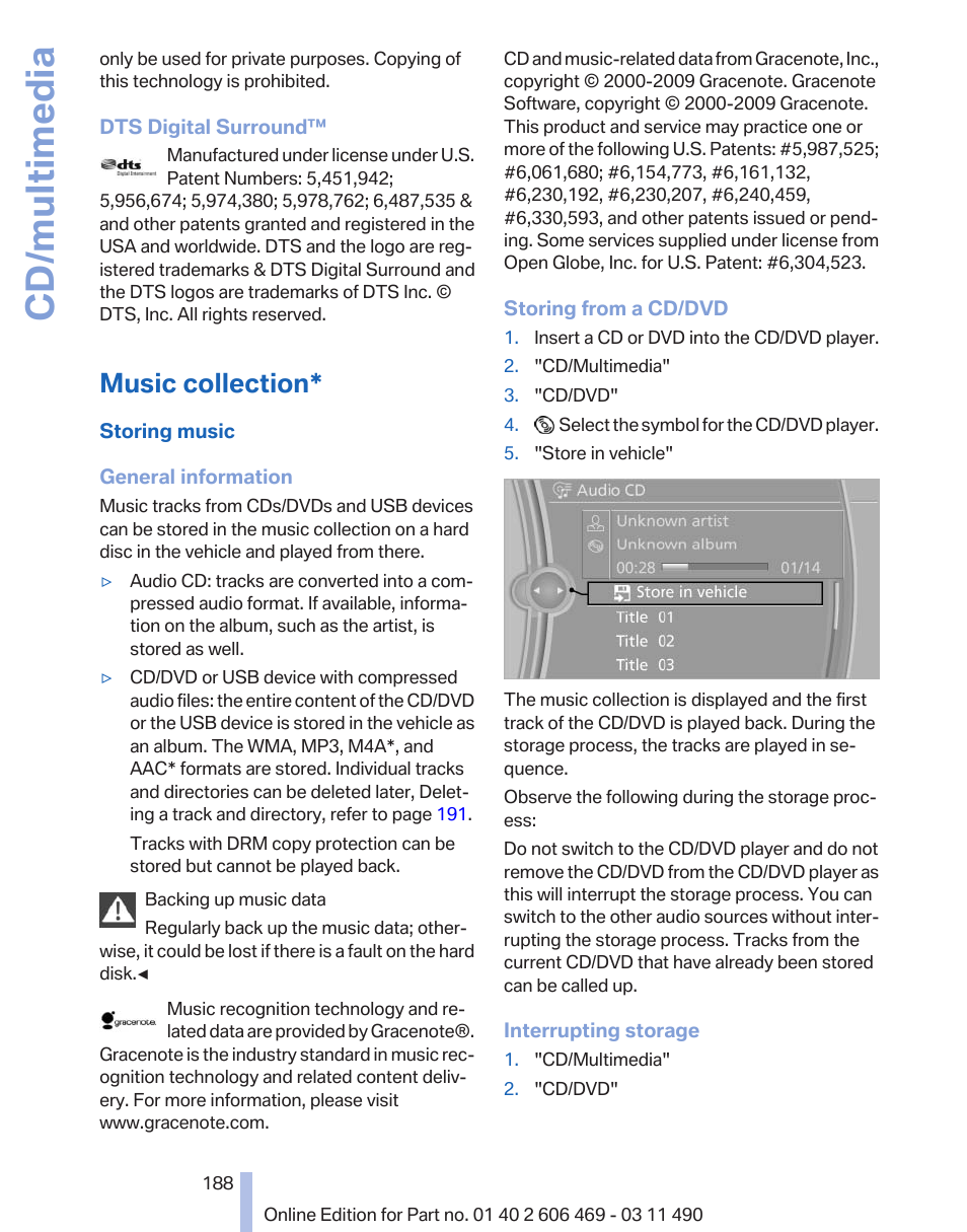 Music collection, Cd/multimedia | BMW 550i xDrive Sedan 2011 User Manual | Page 188 / 304