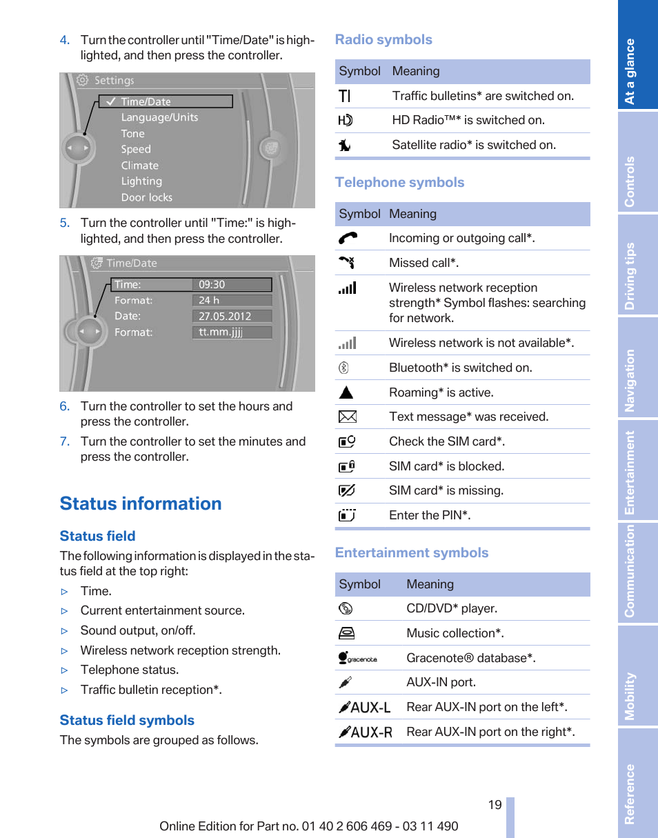 Status information | BMW 550i xDrive Sedan 2011 User Manual | Page 19 / 304