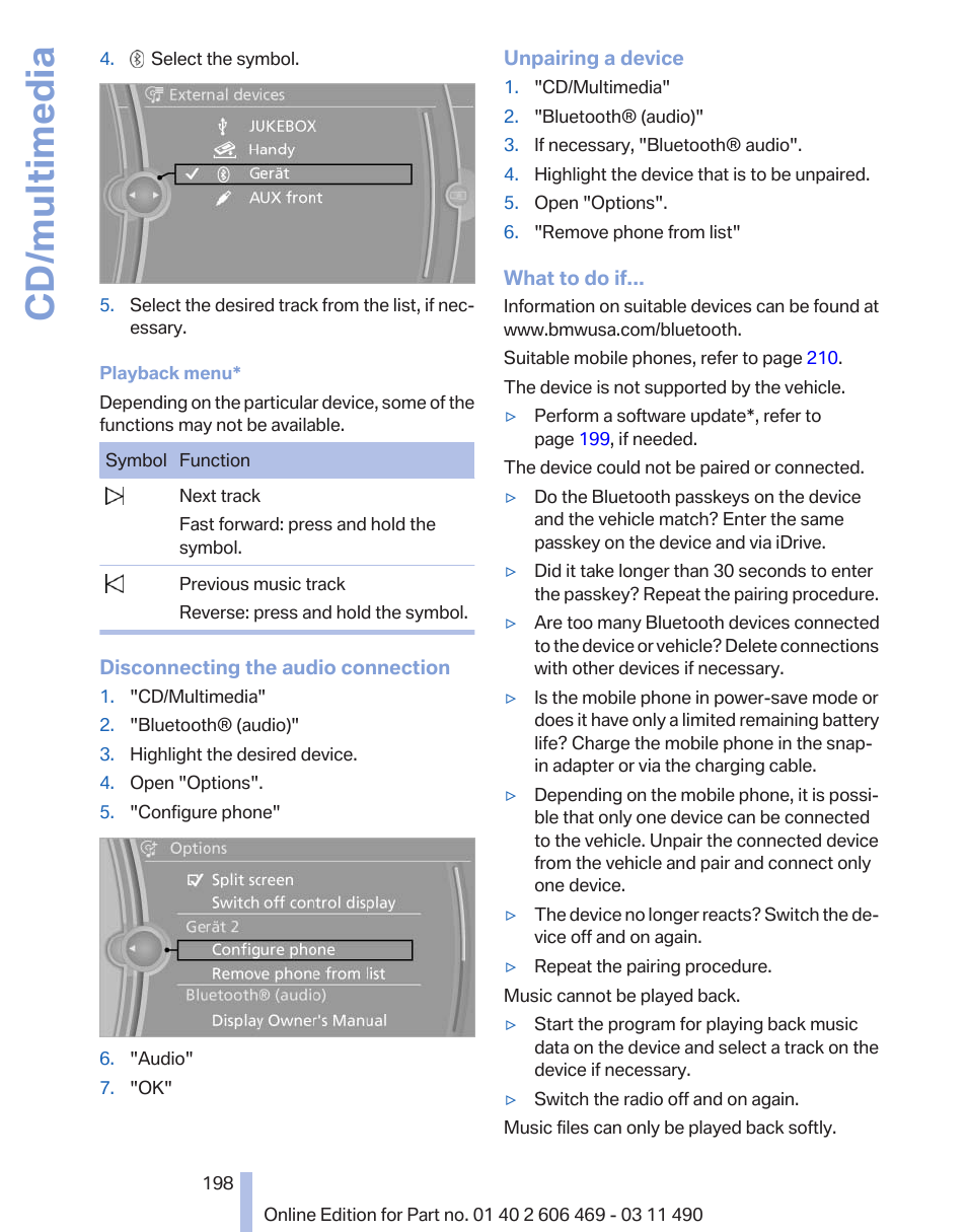 Cd/multimedia | BMW 550i xDrive Sedan 2011 User Manual | Page 198 / 304