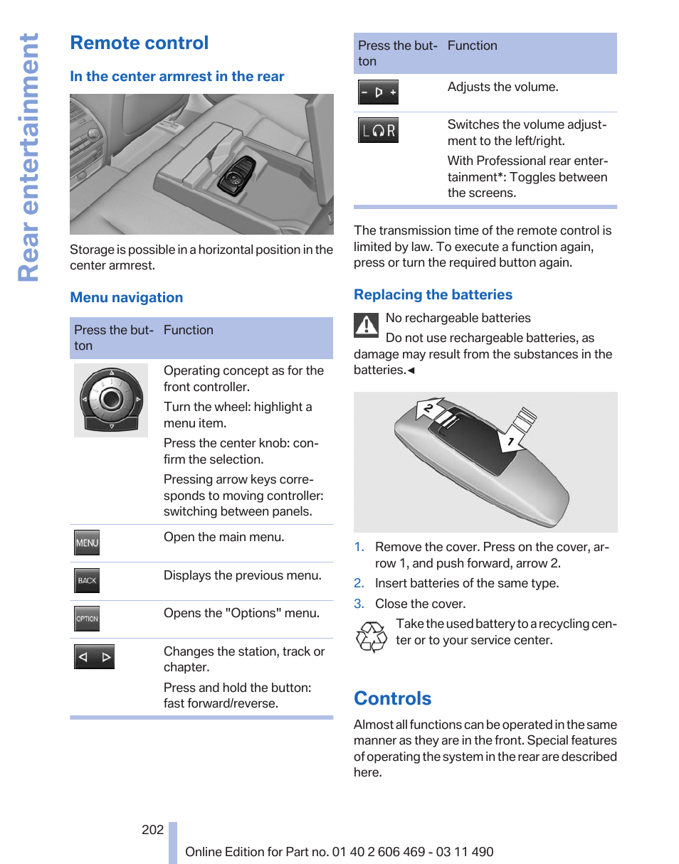 Remote control, Controls, Rear entertainment | BMW 550i xDrive Sedan 2011 User Manual | Page 202 / 304