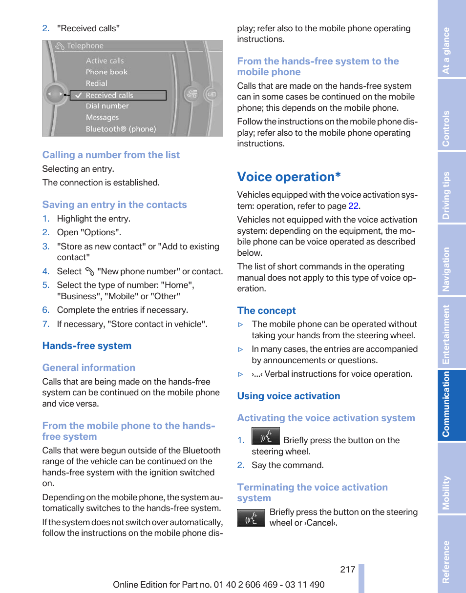 Voice operation | BMW 550i xDrive Sedan 2011 User Manual | Page 217 / 304