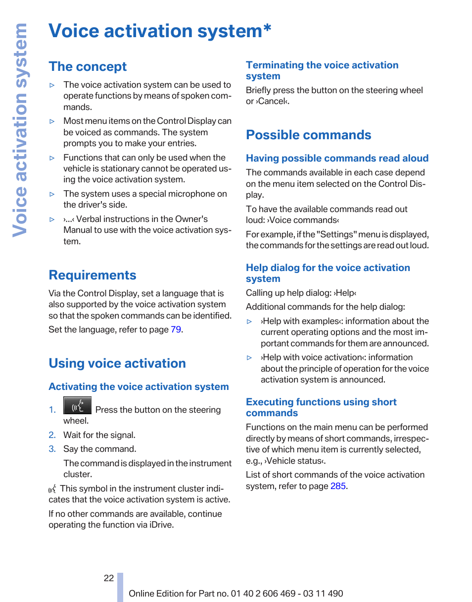 Voice activation system, The concept, Requirements | Using voice activation, Possible commands | BMW 550i xDrive Sedan 2011 User Manual | Page 22 / 304