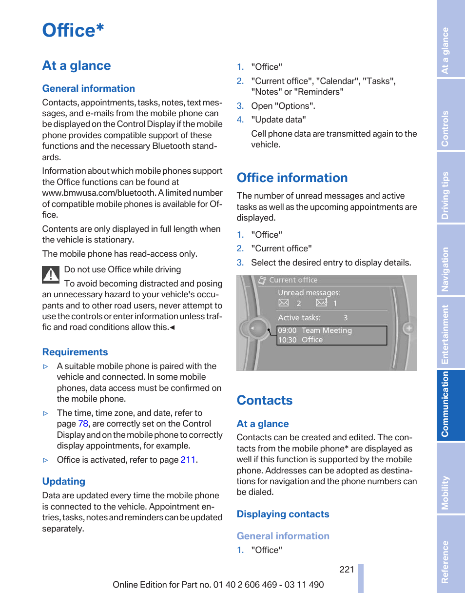 Office, At a glance, Office information | Contacts | BMW 550i xDrive Sedan 2011 User Manual | Page 221 / 304