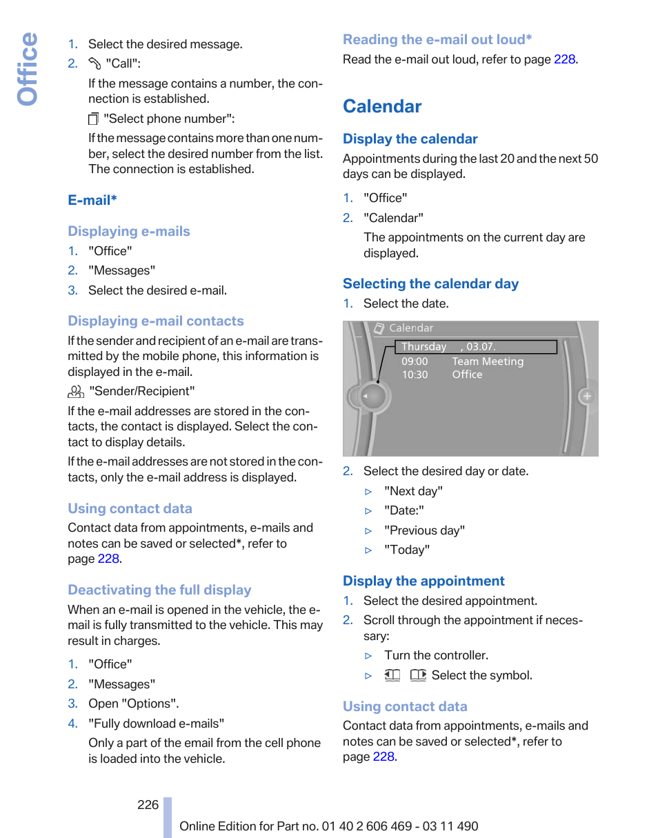 Calendar, Office | BMW 550i xDrive Sedan 2011 User Manual | Page 226 / 304