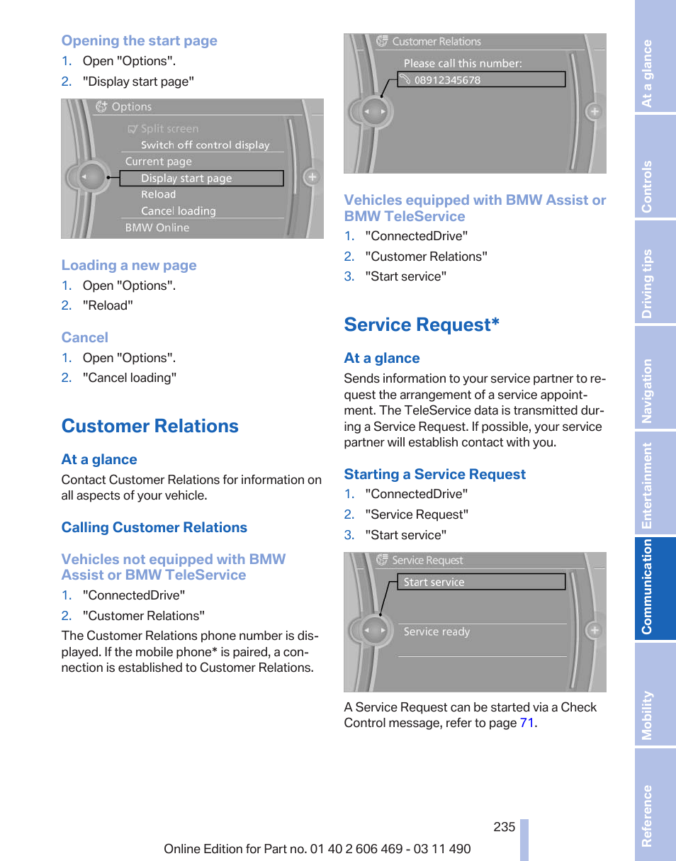 Customer relations, Service request | BMW 550i xDrive Sedan 2011 User Manual | Page 235 / 304