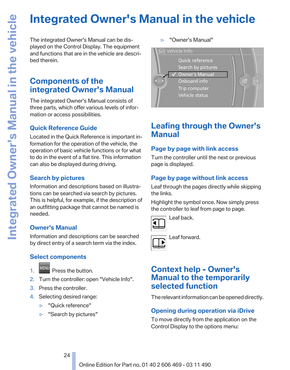 Integrated owner's manual in the vehicle, Components of the integrated owner's manual, Leafing through the owner's manual | BMW 550i xDrive Sedan 2011 User Manual | Page 24 / 304