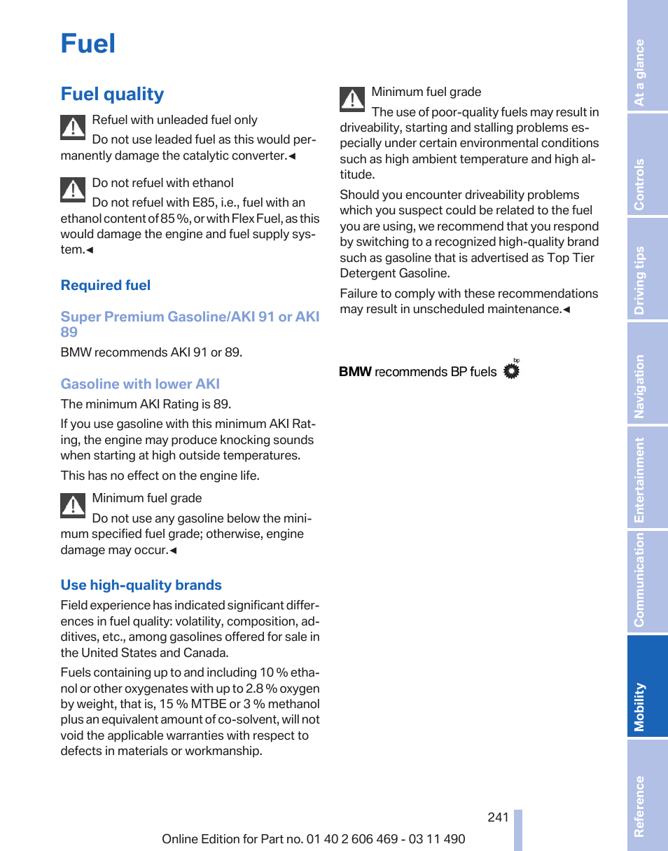 Fuel, Fuel quality | BMW 550i xDrive Sedan 2011 User Manual | Page 241 / 304