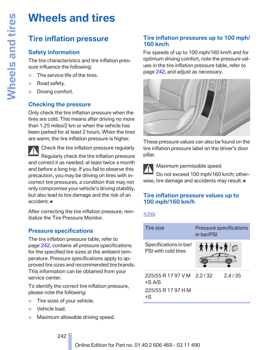 Wheels and tires, Tire inflation pressure | BMW 550i xDrive Sedan 2011 User Manual | Page 242 / 304