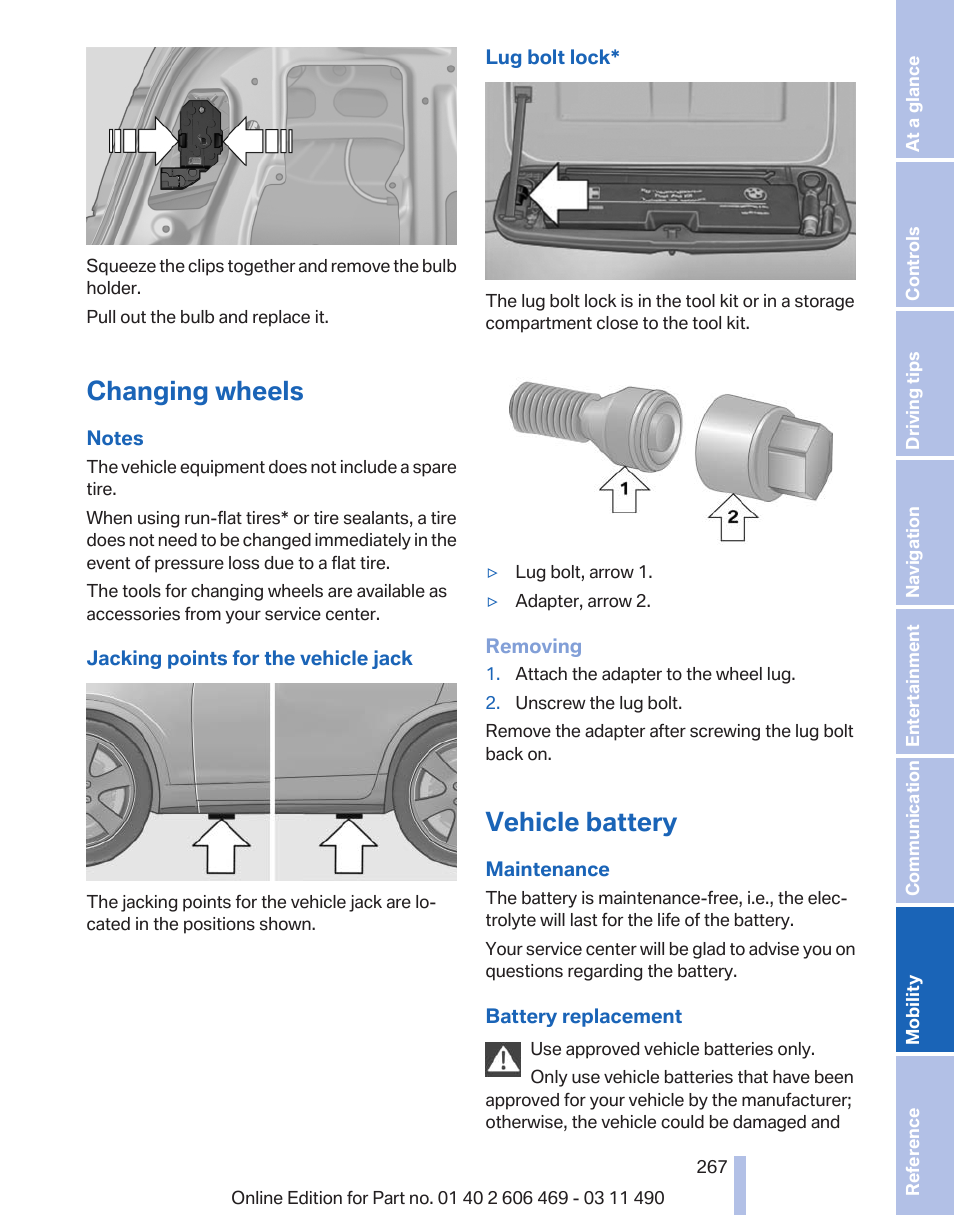 Changing wheels, Vehicle battery | BMW 550i xDrive Sedan 2011 User Manual | Page 267 / 304