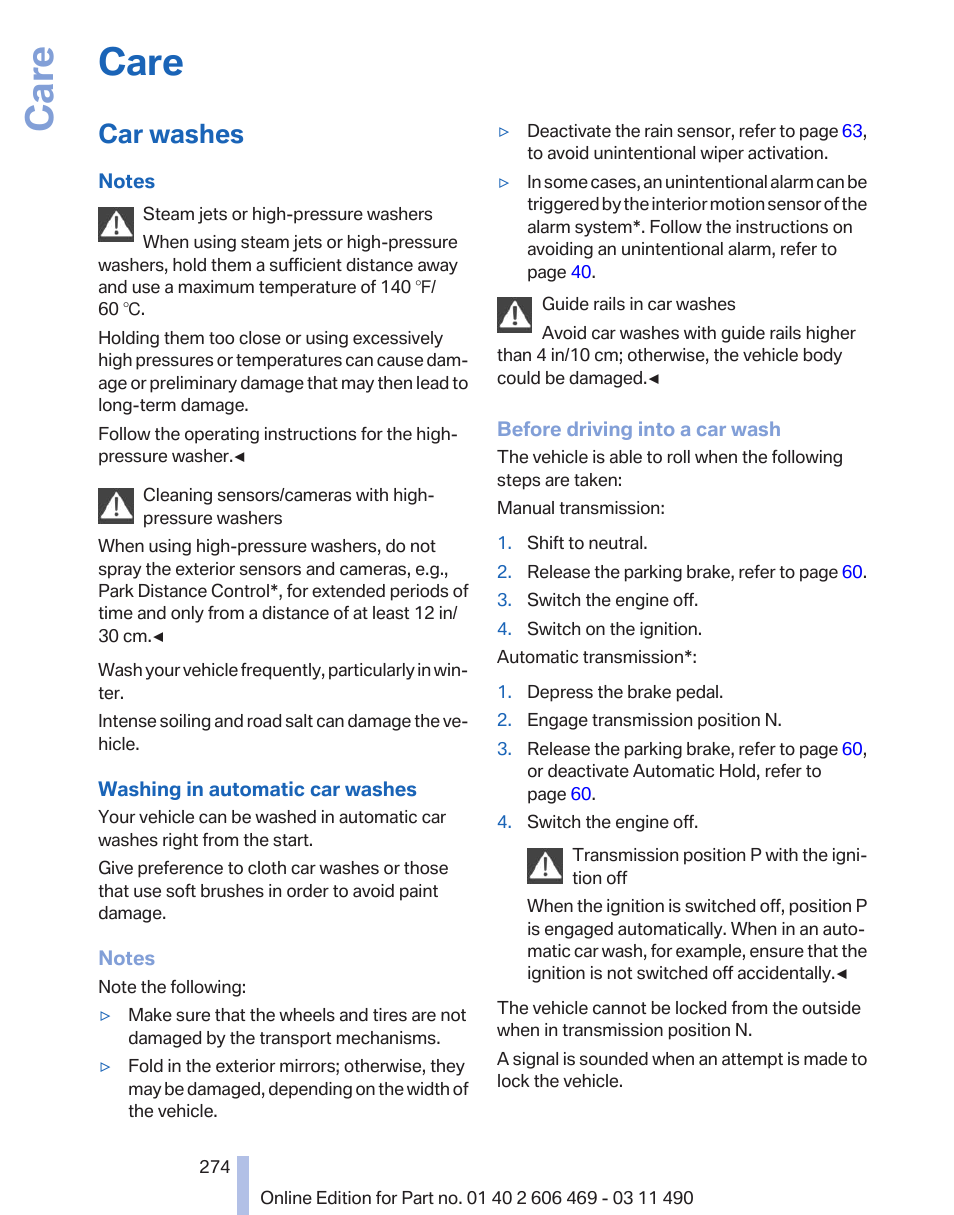 Care, Car washes | BMW 550i xDrive Sedan 2011 User Manual | Page 274 / 304