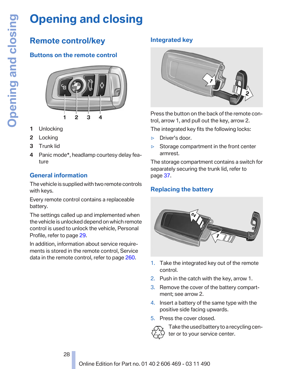 Opening and closing, Remote control/key | BMW 550i xDrive Sedan 2011 User Manual | Page 28 / 304