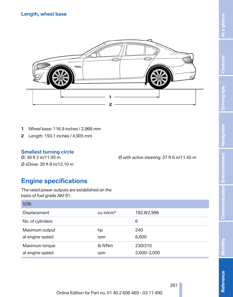 Engine specifications | BMW 550i xDrive Sedan 2011 User Manual | Page 281 / 304