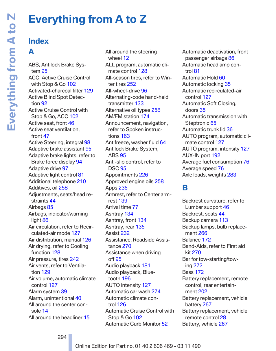 Everything from a to z, Index a | BMW 550i xDrive Sedan 2011 User Manual | Page 294 / 304