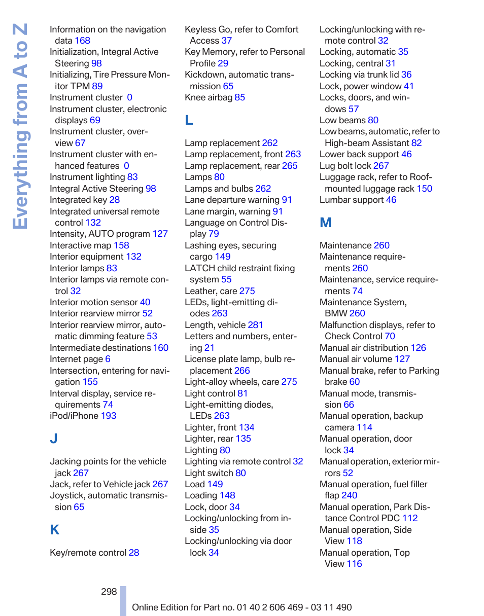 Everything from a to z | BMW 550i xDrive Sedan 2011 User Manual | Page 298 / 304