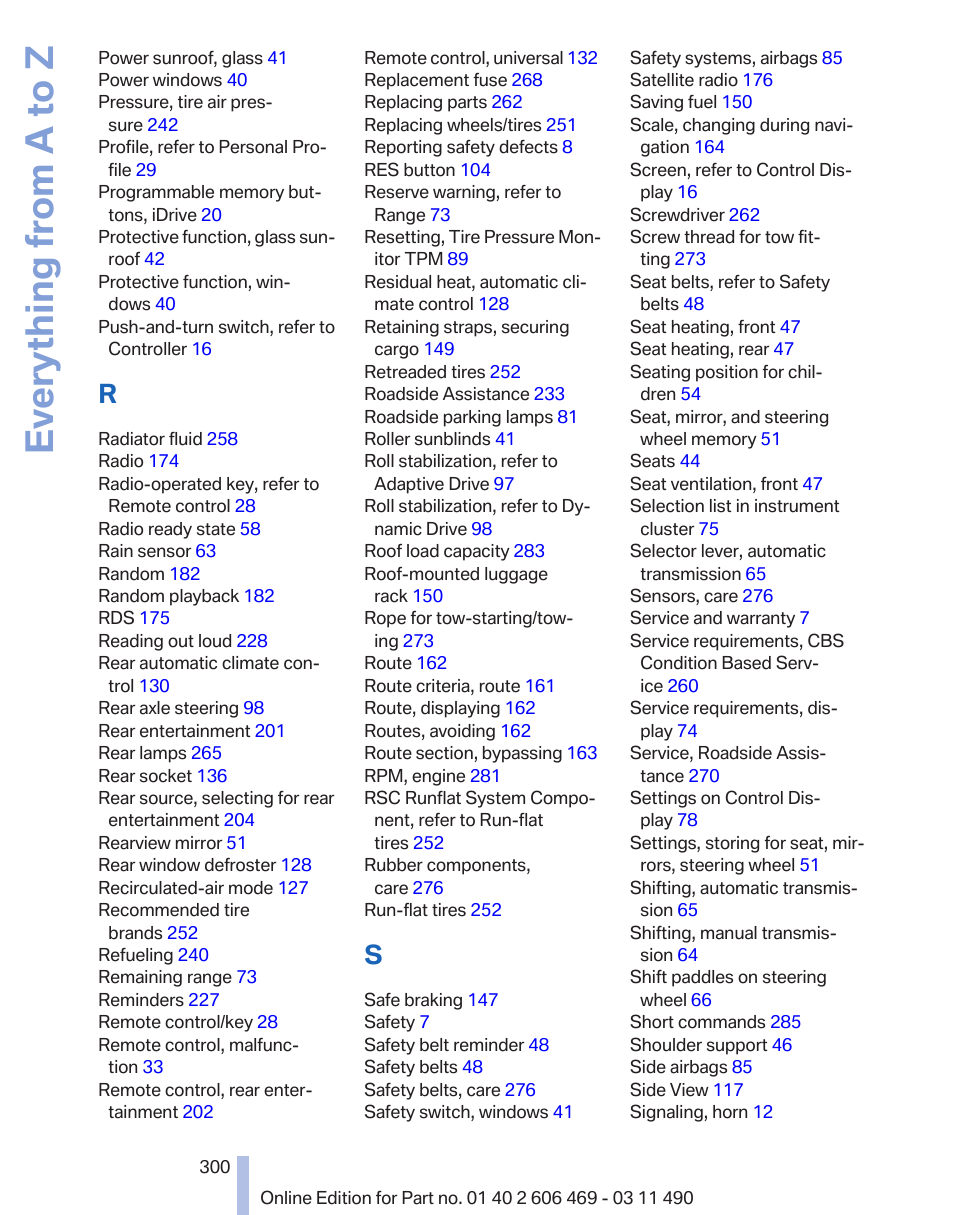 Everything from a to z | BMW 550i xDrive Sedan 2011 User Manual | Page 300 / 304