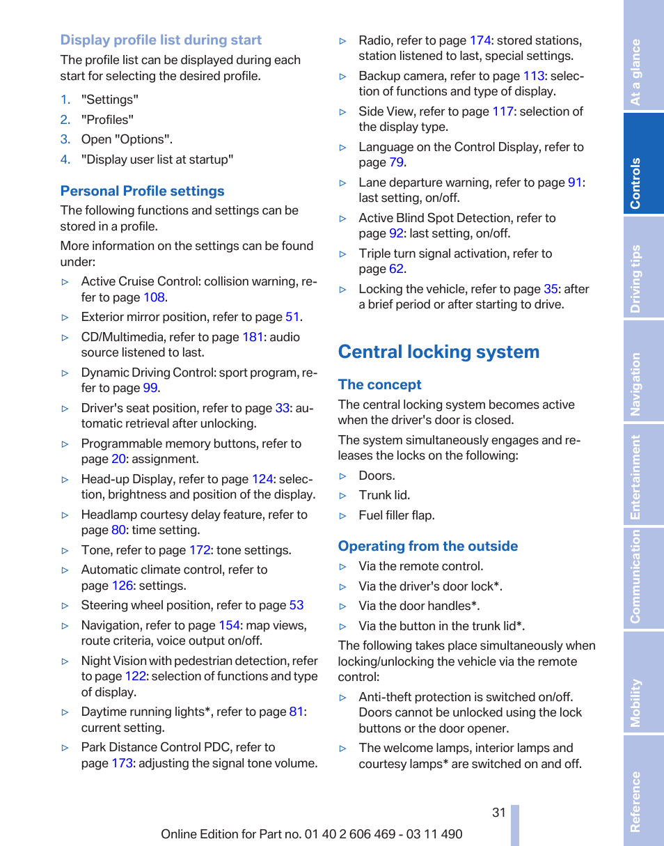 Central locking system | BMW 550i xDrive Sedan 2011 User Manual | Page 31 / 304