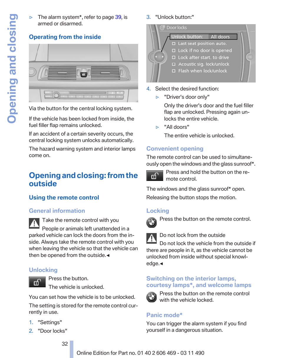 Opening and closing: from the outside, Opening and closing | BMW 550i xDrive Sedan 2011 User Manual | Page 32 / 304