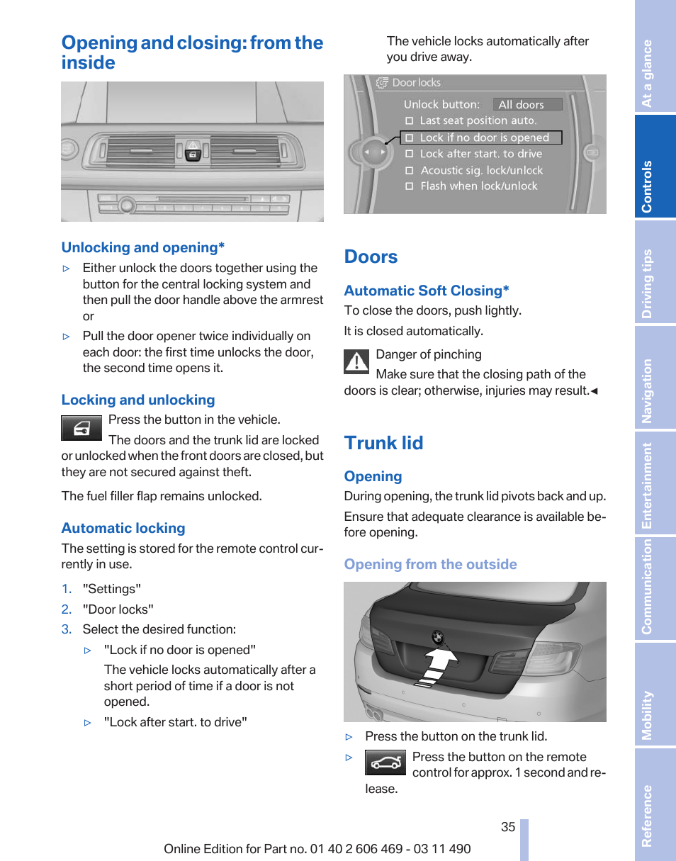 Opening and closing: from the inside, Doors, Trunk lid | Central locking system, After | BMW 550i xDrive Sedan 2011 User Manual | Page 35 / 304