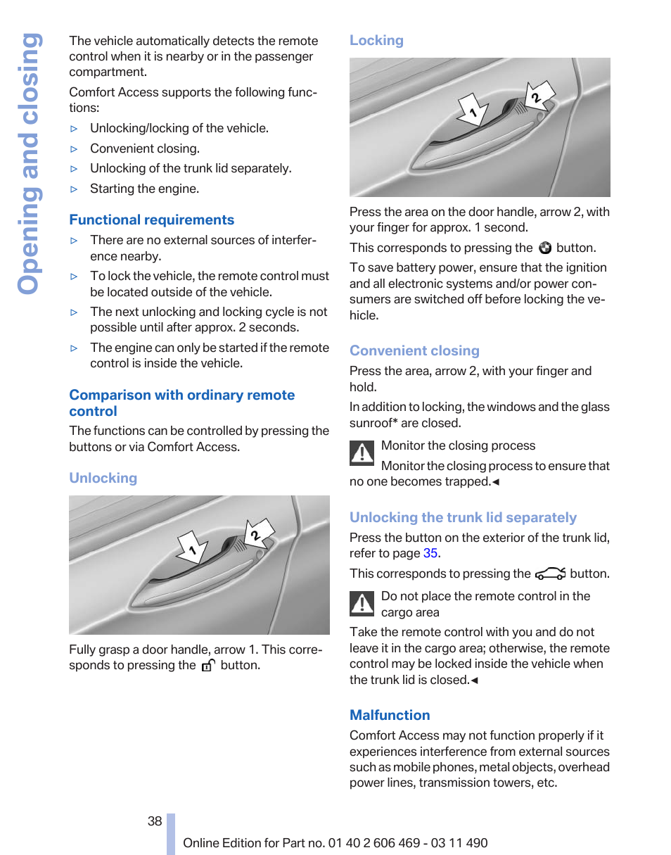 Opening and closing | BMW 550i xDrive Sedan 2011 User Manual | Page 38 / 304