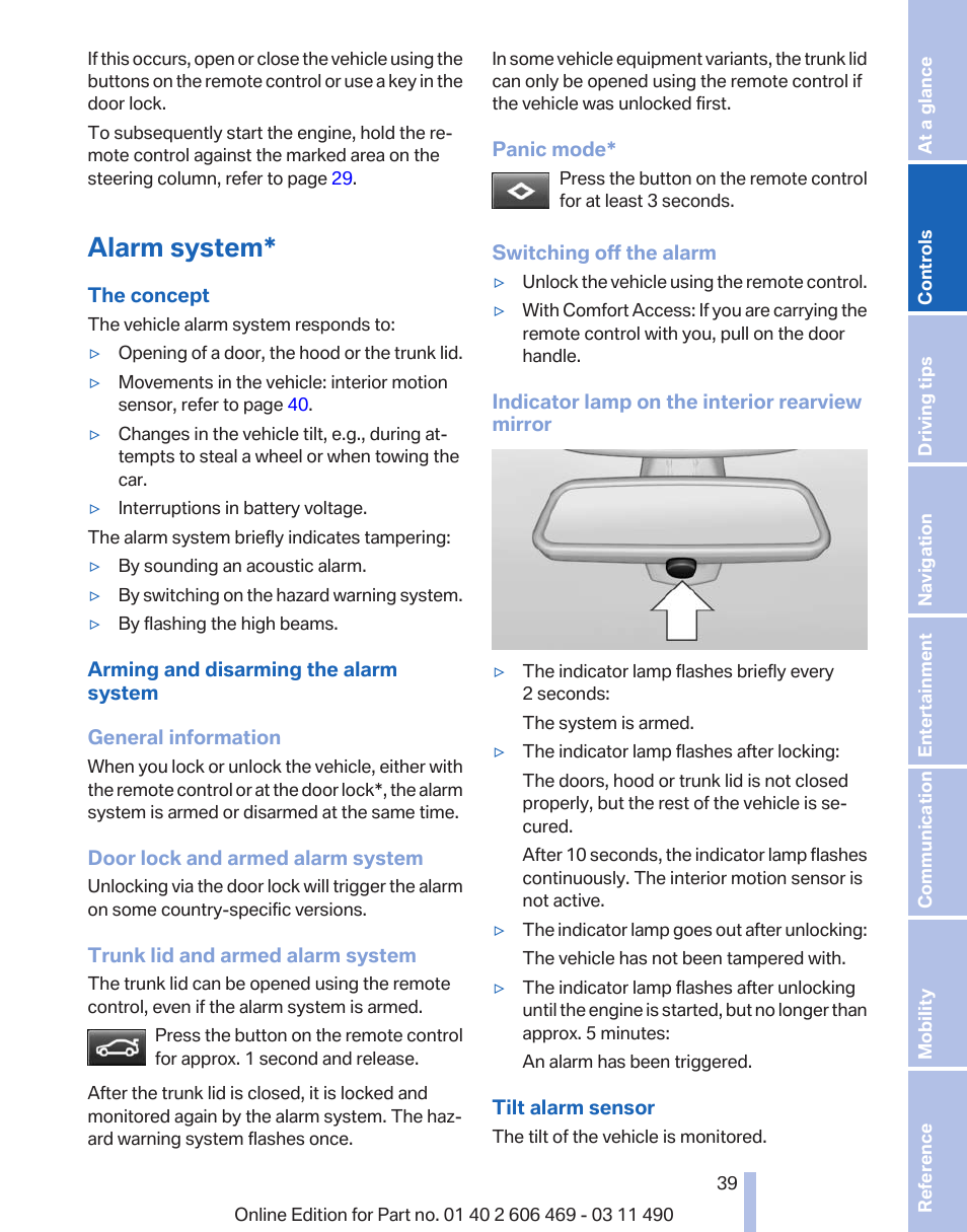 Alarm system | BMW 550i xDrive Sedan 2011 User Manual | Page 39 / 304