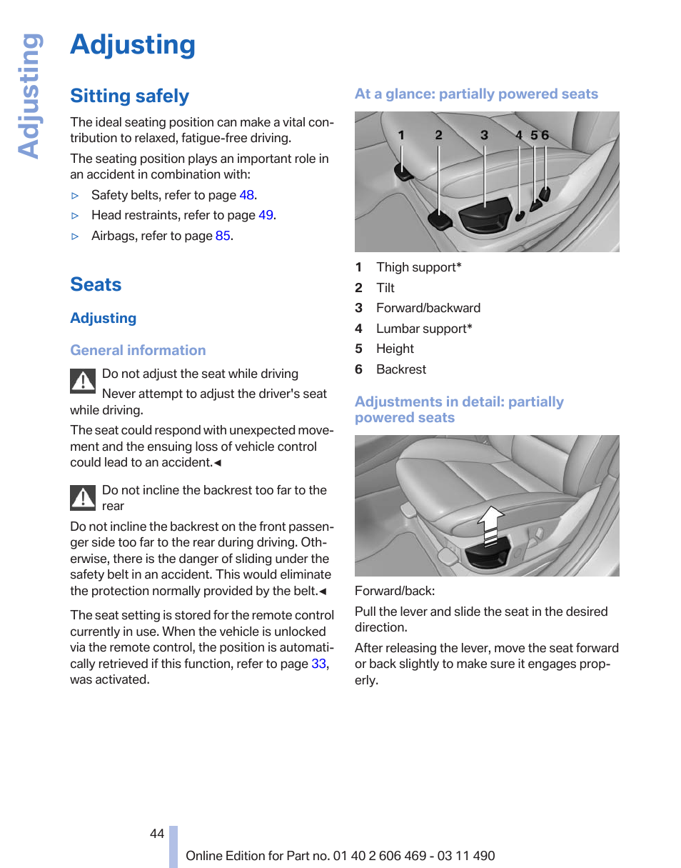 Adjusting, Sitting safely, Seats | BMW 550i xDrive Sedan 2011 User Manual | Page 44 / 304