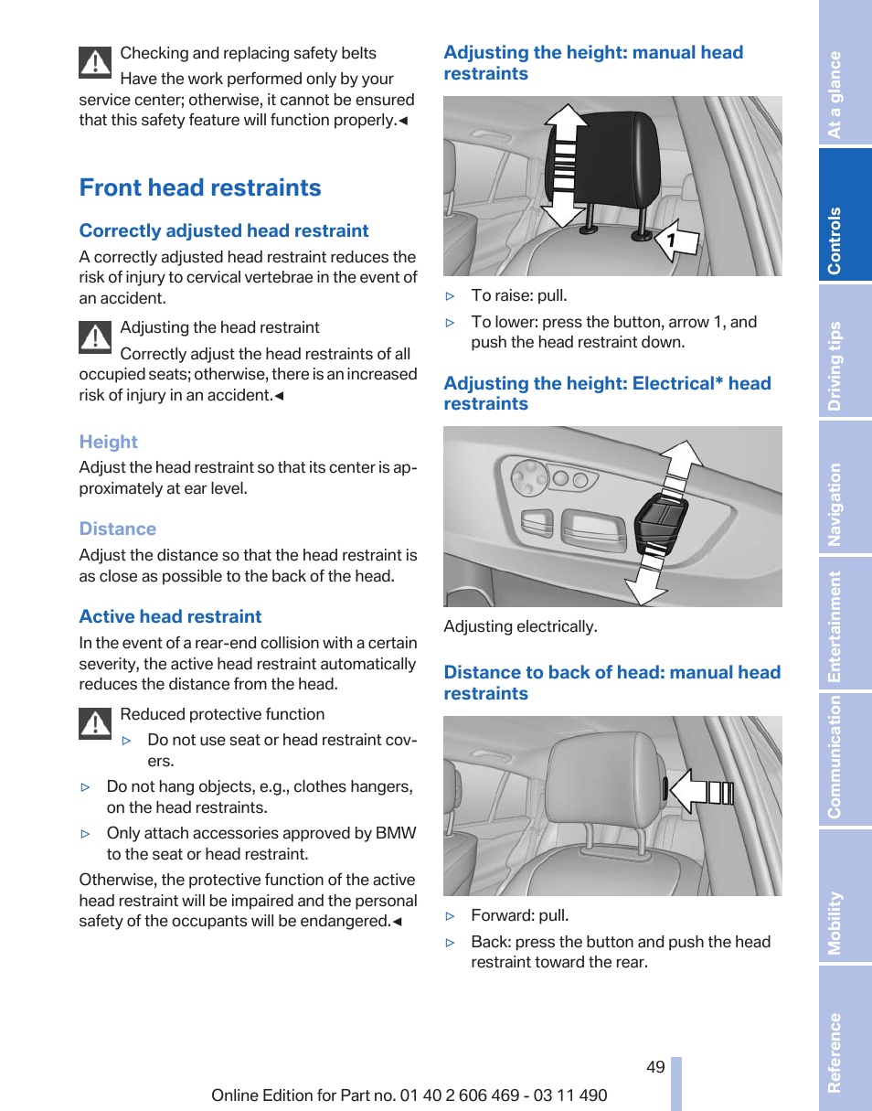 Front head restraints | BMW 550i xDrive Sedan 2011 User Manual | Page 49 / 304