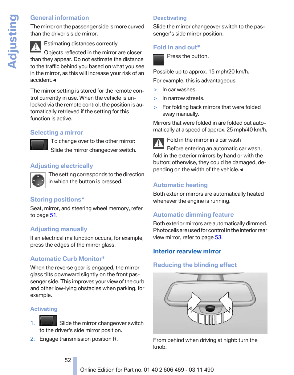 Adjusting | BMW 550i xDrive Sedan 2011 User Manual | Page 52 / 304