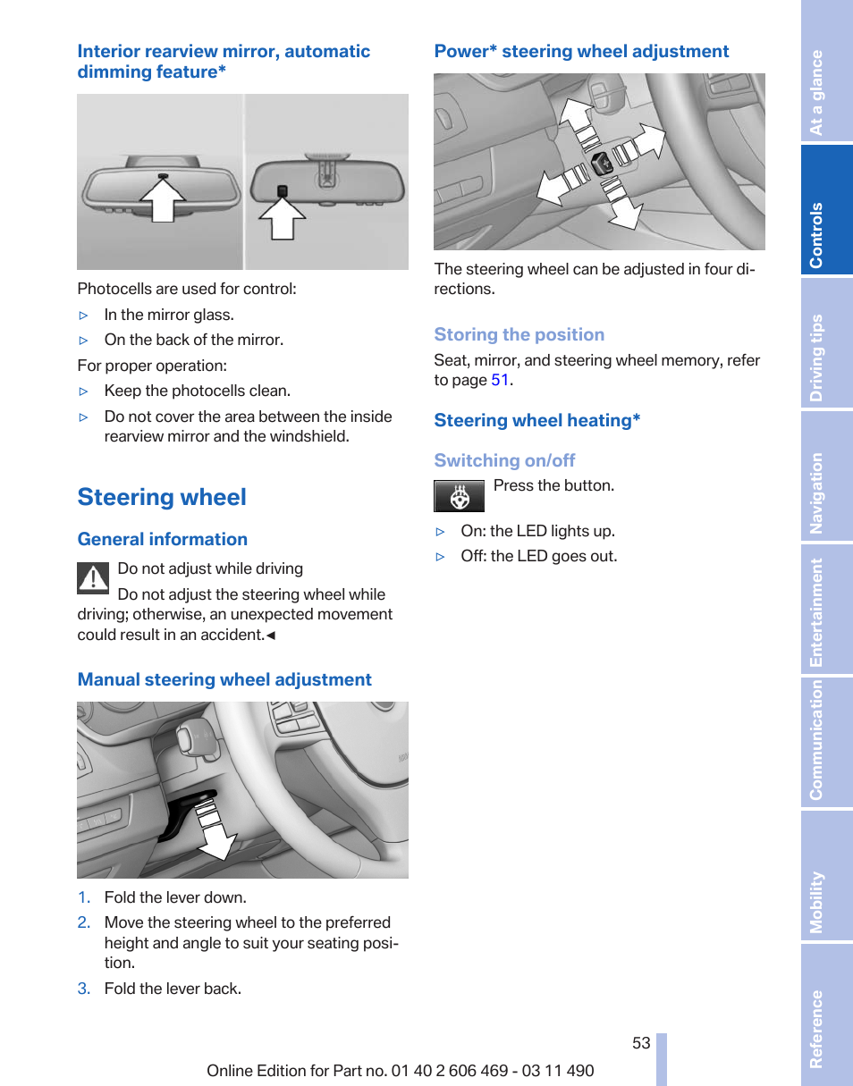 Steering wheel, Steering wheel heating | BMW 550i xDrive Sedan 2011 User Manual | Page 53 / 304