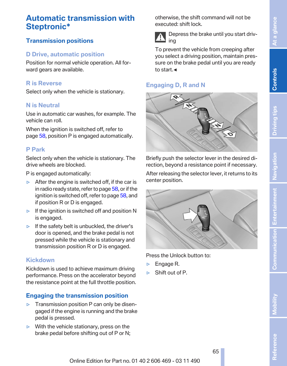 Automatic transmission with steptronic | BMW 550i xDrive Sedan 2011 User Manual | Page 65 / 304