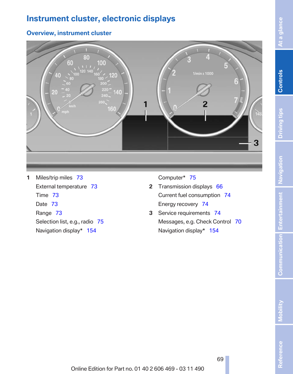 Instrument cluster, electronic displays, Electronic displays | BMW 550i xDrive Sedan 2011 User Manual | Page 69 / 304