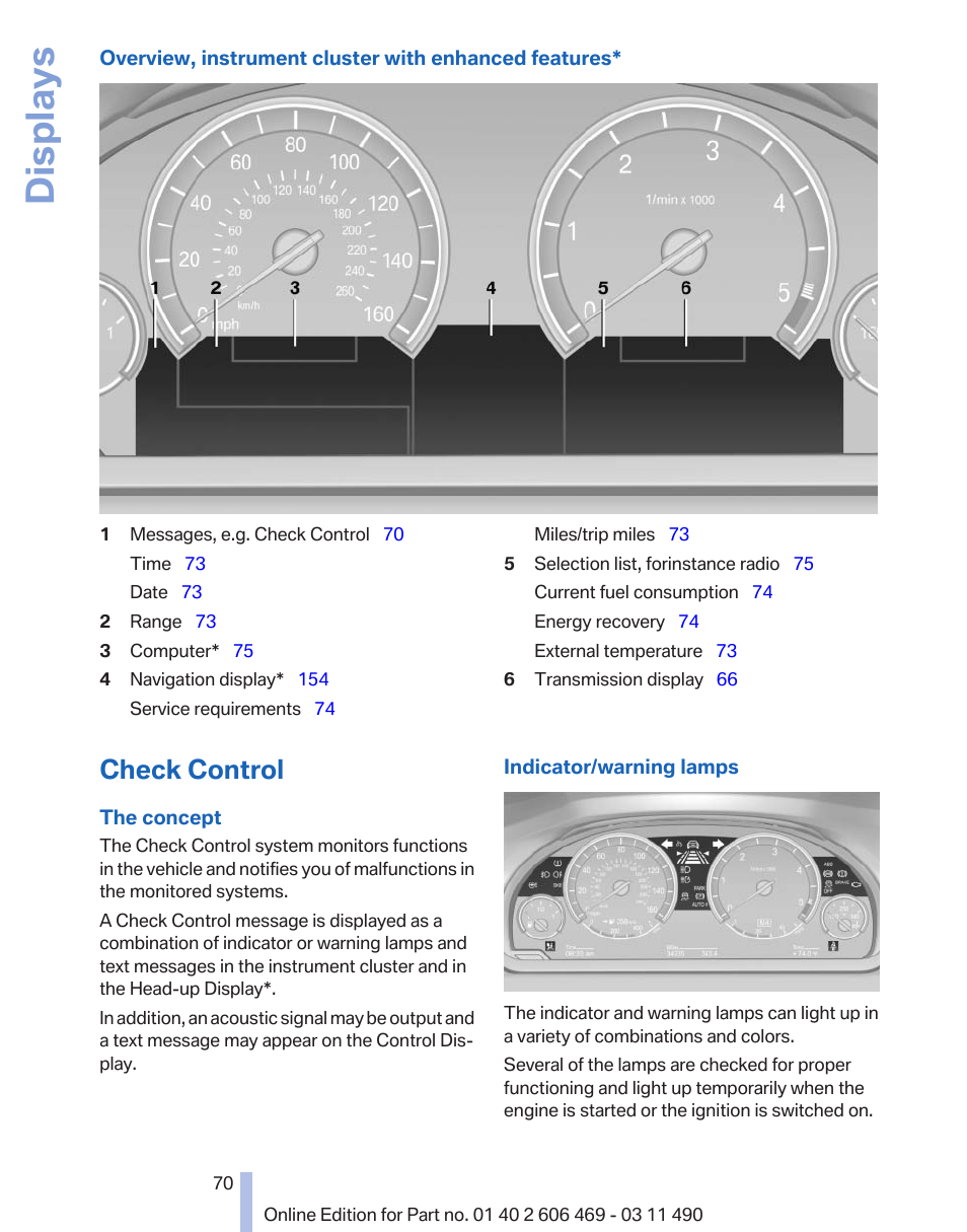 Check control, Indicator/warning lamps, Displays | BMW 550i xDrive Sedan 2011 User Manual | Page 70 / 304