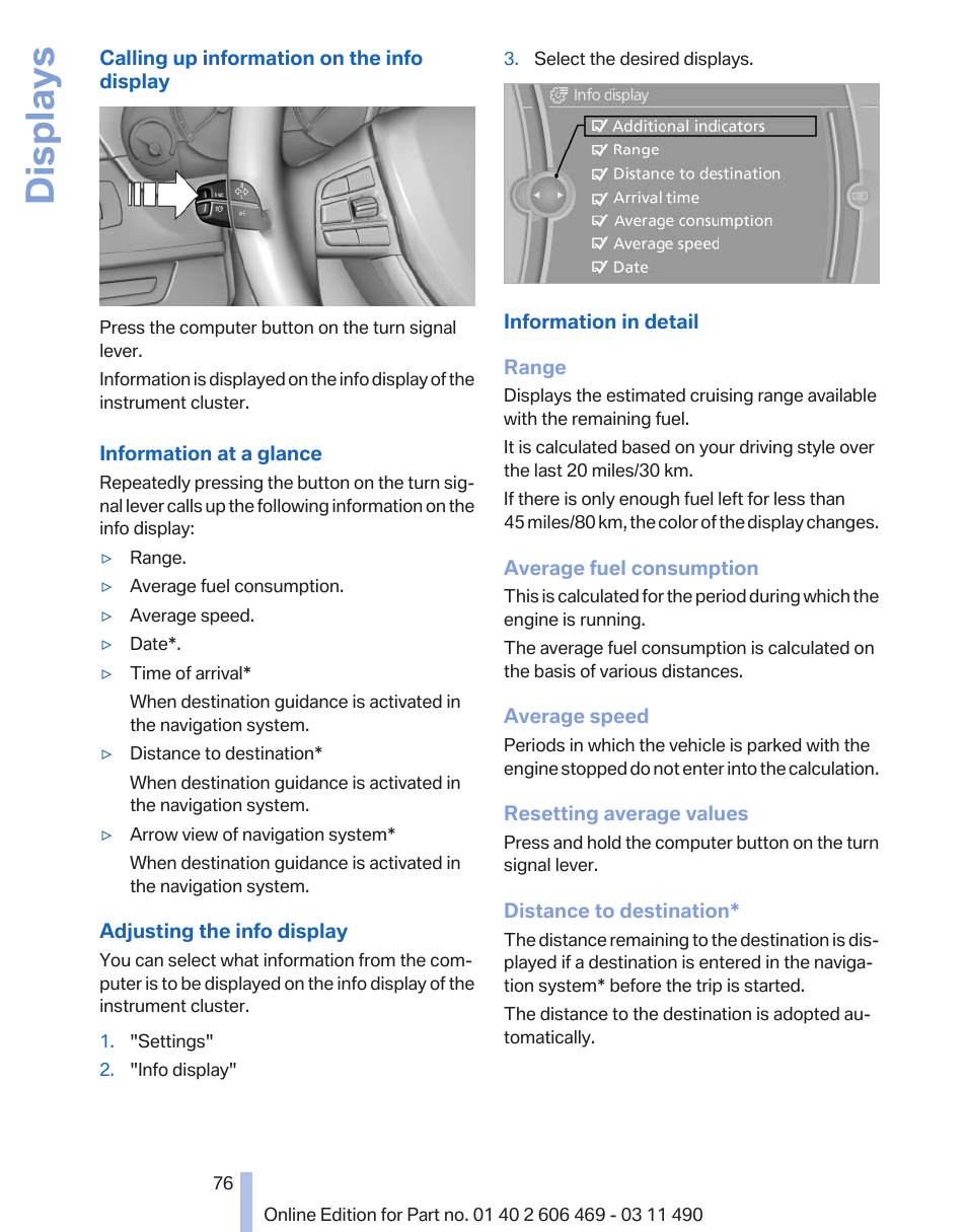 Displays | BMW 550i xDrive Sedan 2011 User Manual | Page 76 / 304