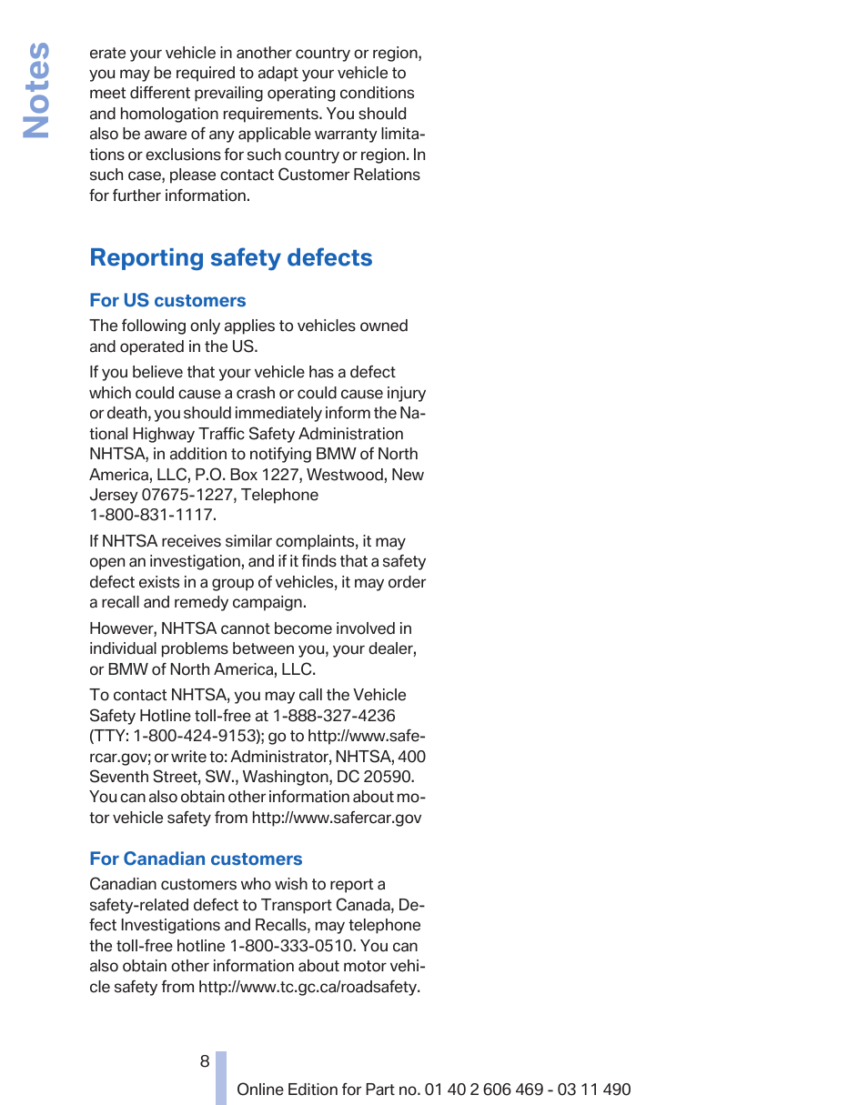 Reporting safety defects | BMW 550i xDrive Sedan 2011 User Manual | Page 8 / 304