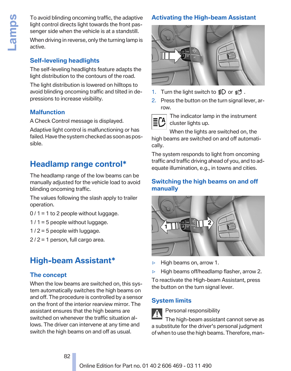 Headlamp range control, High-beam assistant, Lamps | BMW 550i xDrive Sedan 2011 User Manual | Page 82 / 304