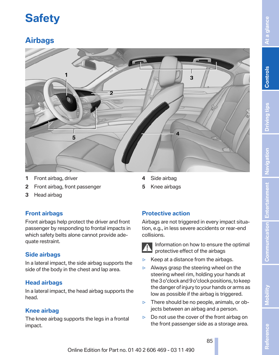 Safety, Airbags | BMW 550i xDrive Sedan 2011 User Manual | Page 85 / 304