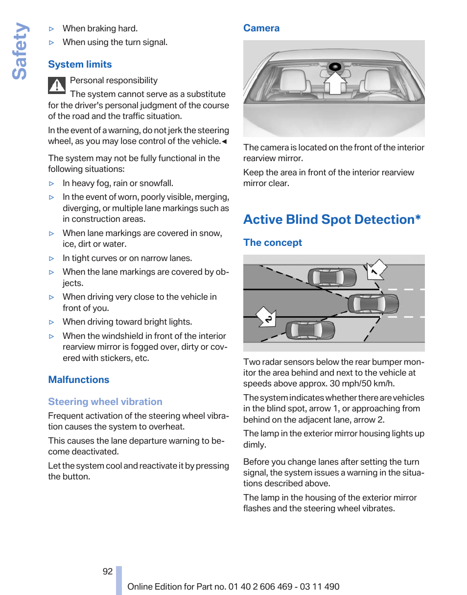 Active blind spot detection, Last setting, on/off, Safety | BMW 550i xDrive Sedan 2011 User Manual | Page 92 / 304