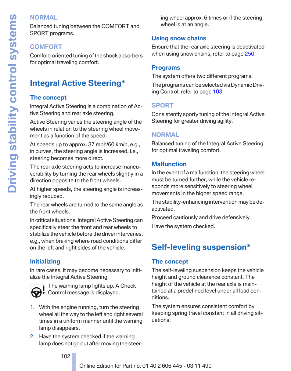 Integral active steering, Self-leveling suspension, Driving stability control systems | BMW 550i xDrive Gran Turismo 2011 User Manual | Page 102 / 297