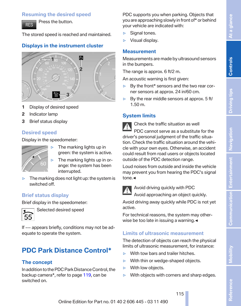 Pdc park distance control, Trol | BMW 550i xDrive Gran Turismo 2011 User Manual | Page 115 / 297