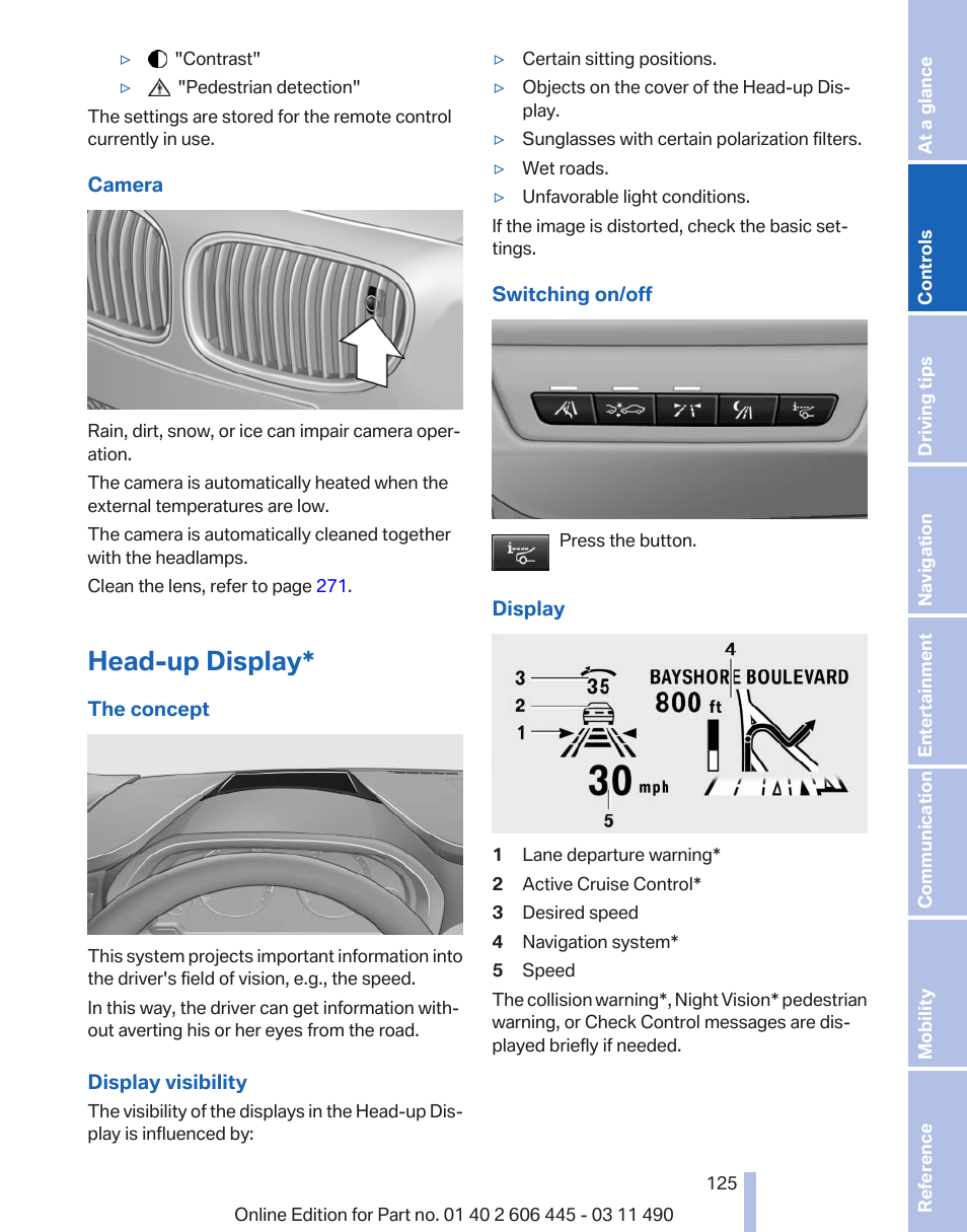 Head-up display | BMW 550i xDrive Gran Turismo 2011 User Manual | Page 125 / 297