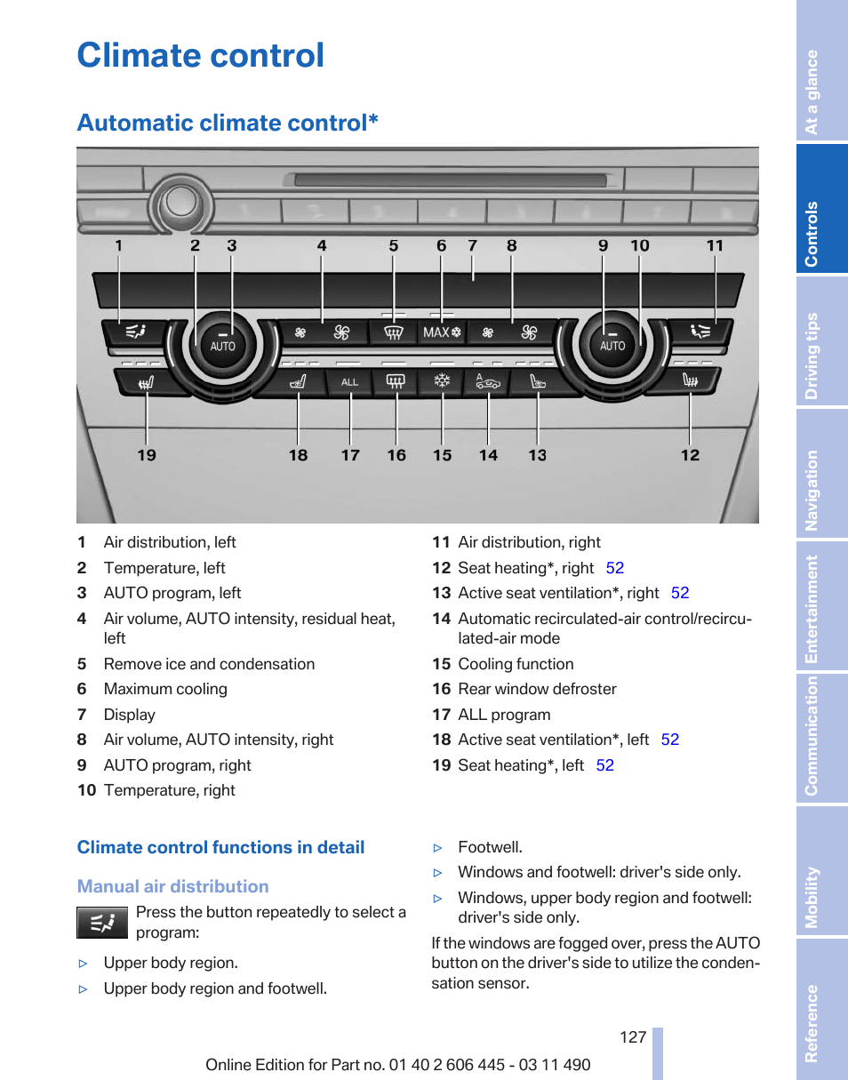 Climate control, Automatic climate control | BMW 550i xDrive Gran Turismo 2011 User Manual | Page 127 / 297