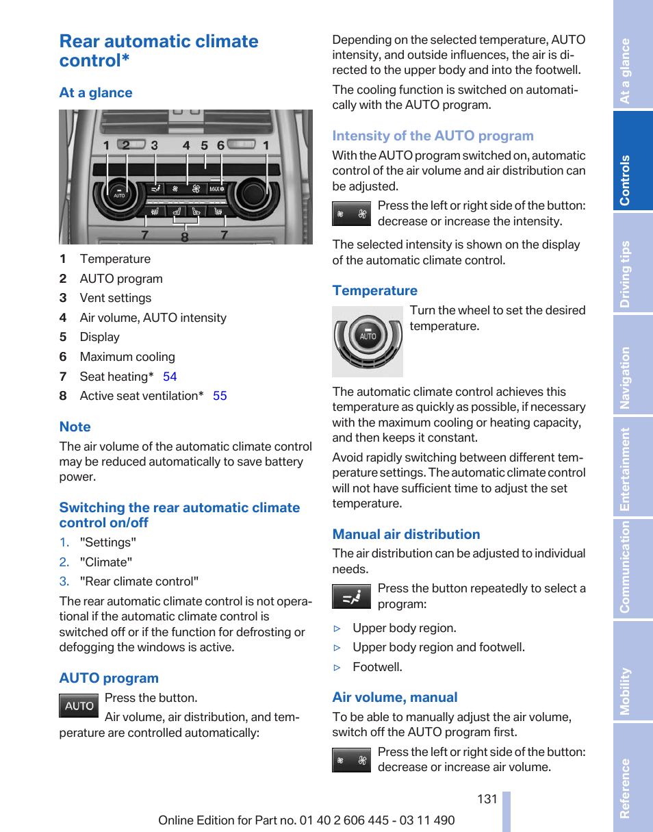 Rear automatic climate control | BMW 550i xDrive Gran Turismo 2011 User Manual | Page 131 / 297