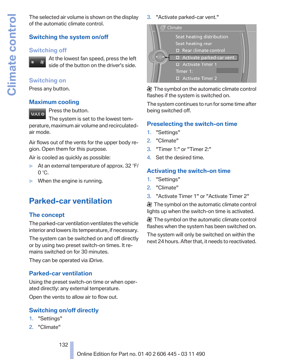 Parked-car ventilation, Climate control | BMW 550i xDrive Gran Turismo 2011 User Manual | Page 132 / 297