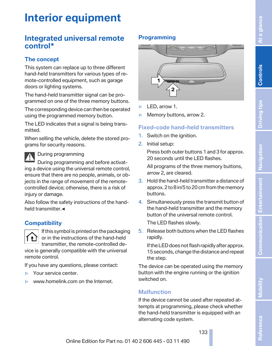 Interior equipment, Integrated universal remote control | BMW 550i xDrive Gran Turismo 2011 User Manual | Page 133 / 297