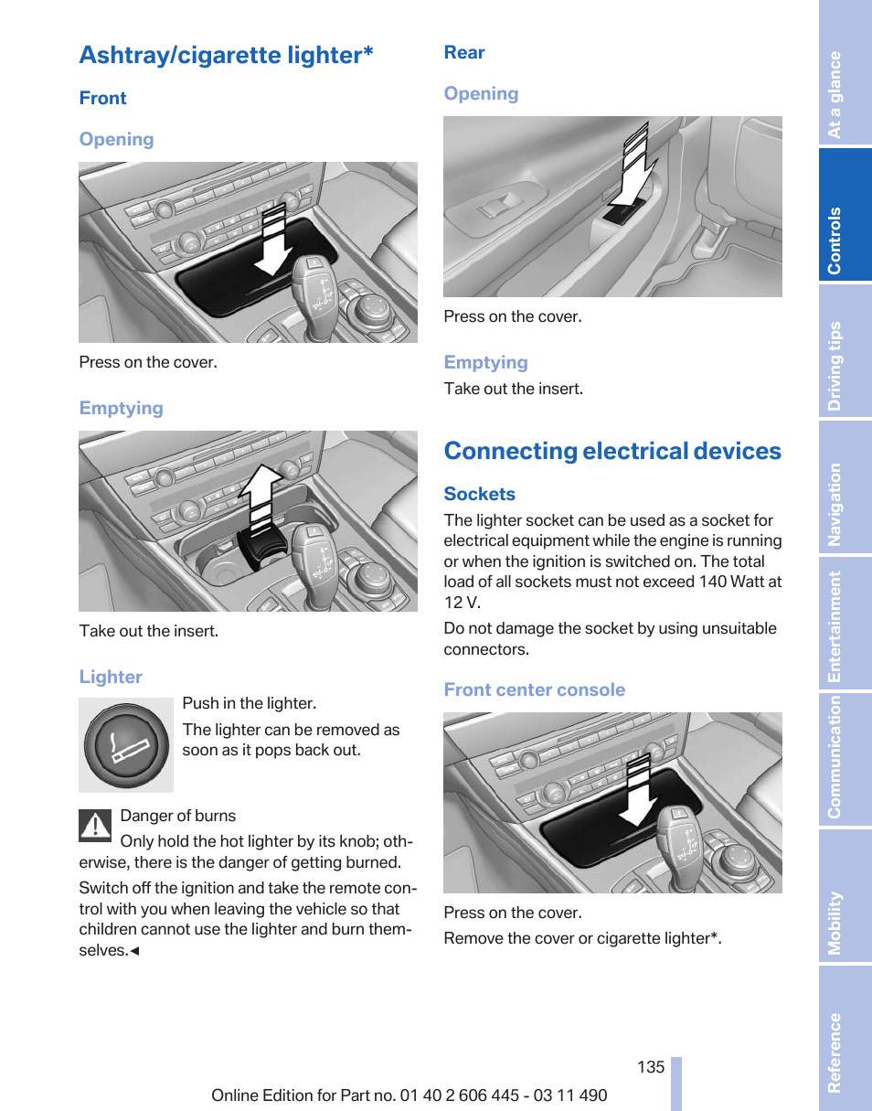 Ashtray/cigarette lighter, Connecting electrical devices | BMW 550i xDrive Gran Turismo 2011 User Manual | Page 135 / 297