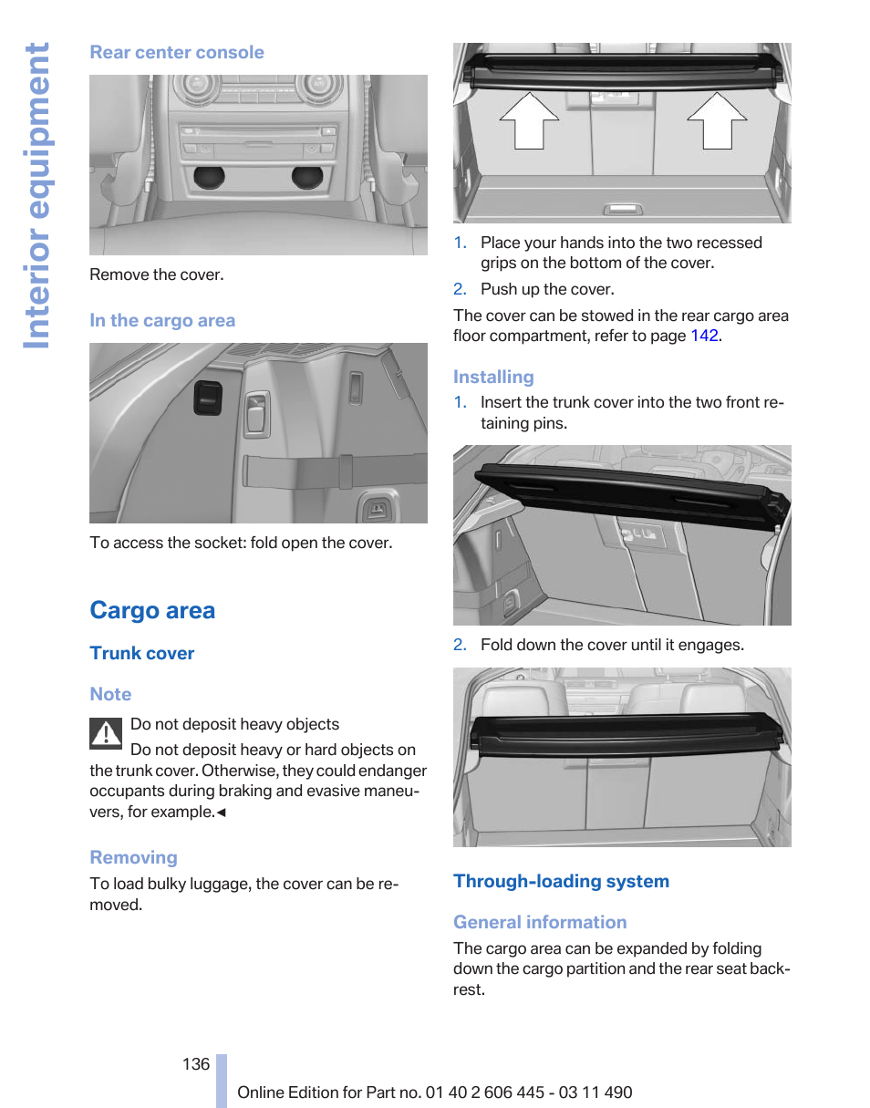 Cargo area, Interior equipment | BMW 550i xDrive Gran Turismo 2011 User Manual | Page 136 / 297