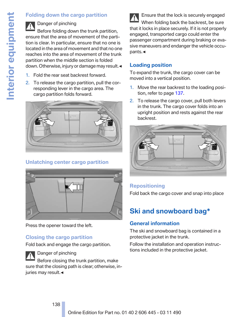 Ski and snowboard bag, Interior equipment | BMW 550i xDrive Gran Turismo 2011 User Manual | Page 138 / 297