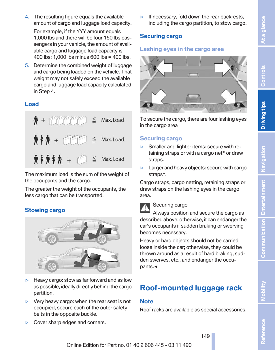 Roof-mounted luggage rack | BMW 550i xDrive Gran Turismo 2011 User Manual | Page 149 / 297