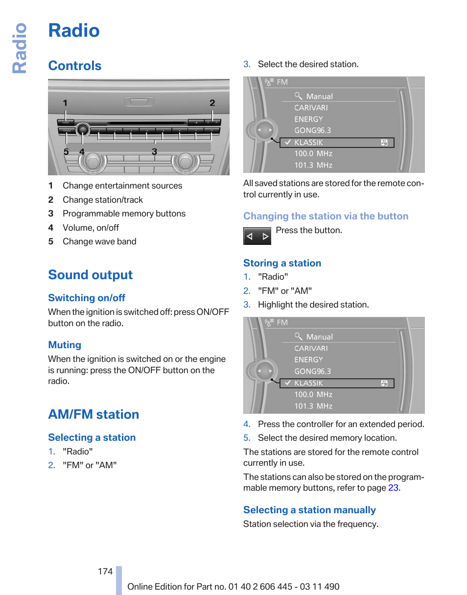 Radio, Controls, Sound output | Am/fm station, Stored stations | BMW 550i xDrive Gran Turismo 2011 User Manual | Page 174 / 297